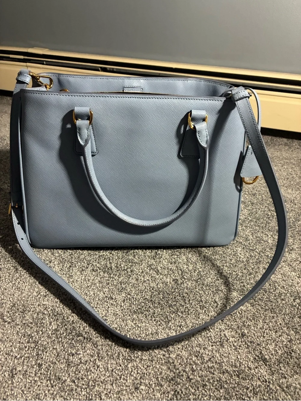 Prada Powder Blue Saffiano Leather Satchel with Gold Hardware